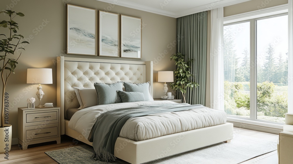 Fototapeta premium Modern Bedroom Interior with Plush Bed, Neutral Tones, and Natural Light