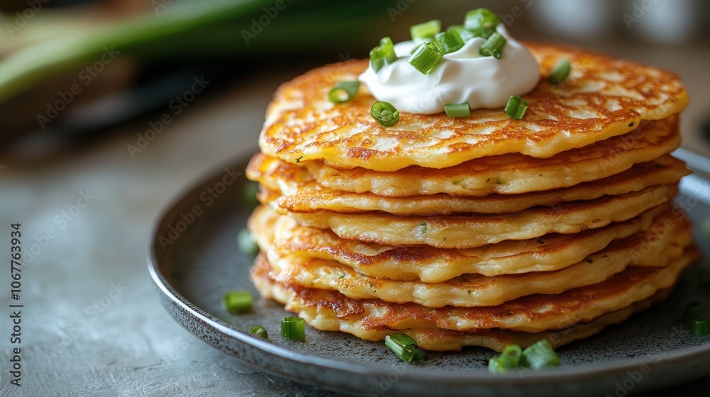 Enjoying a stack of homemade golden brown potato pancakes topped with sour cream and green onions on a cozy table setting Enjoying a stack of homemade golden brown potato pancakes topped with sour cream and green onions on a cozy table setting