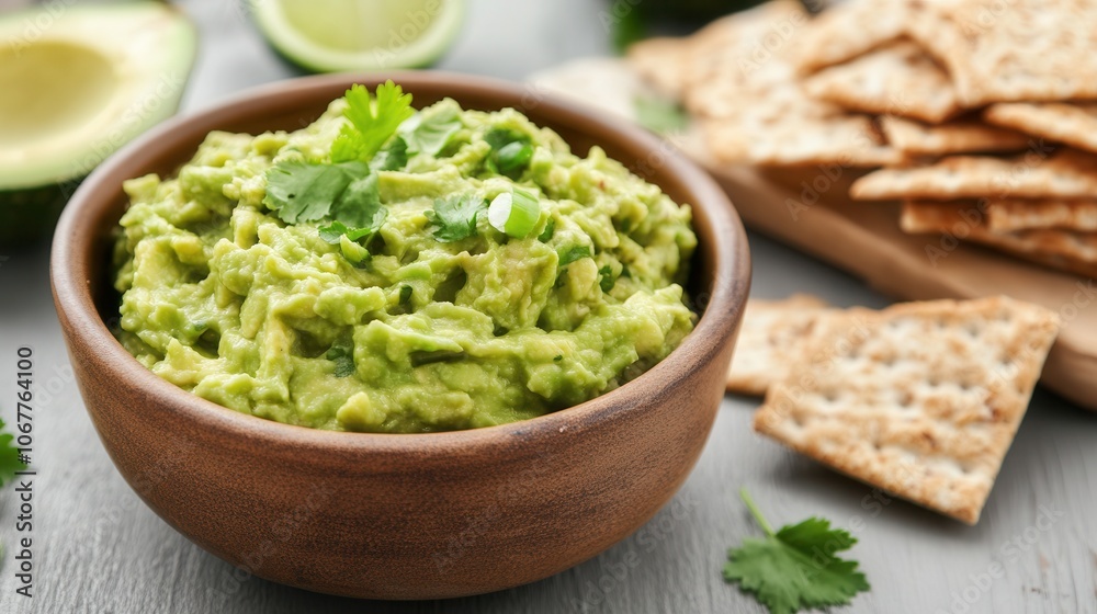 A bowl of fresh guacamole served with whole grain crackers, a perfect brain-boosting snack for a healthy lifestyle A bowl of fresh guacamole served with whole grain crackers, a perfect brain-boosting snack for a healthy lifestyle
