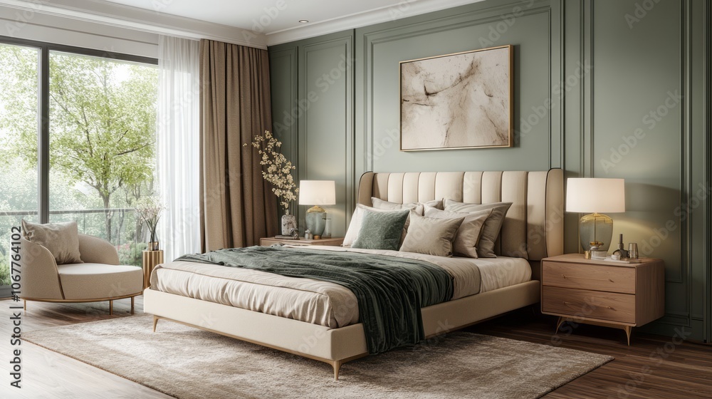 Fototapeta premium Modern Bedroom Interior with Plush Bed and Greenery View