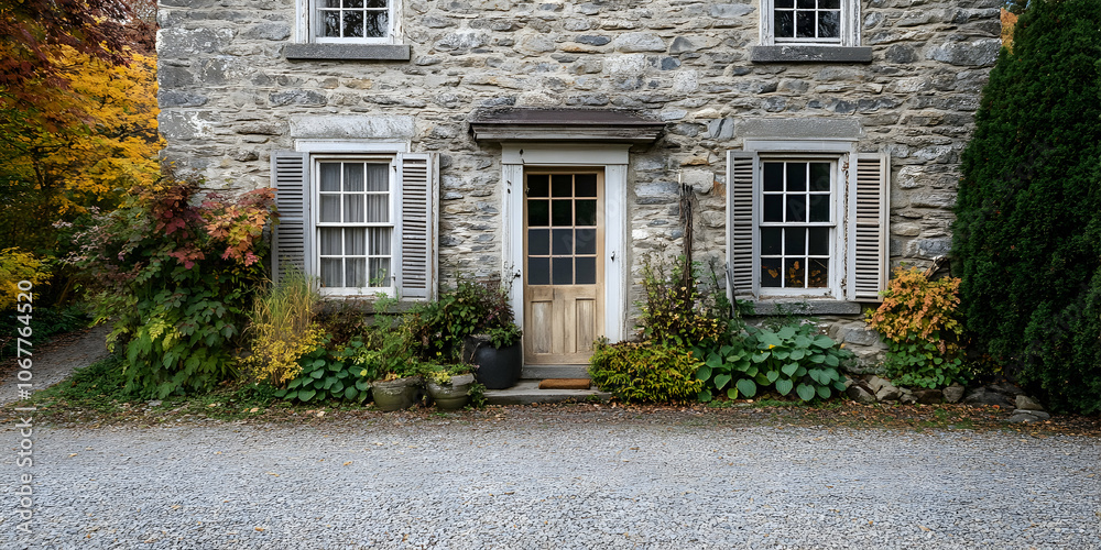 Shuttered windows on old stone house by gravel road . illustration Shuttered windows on old stone house by gravel road . illustration