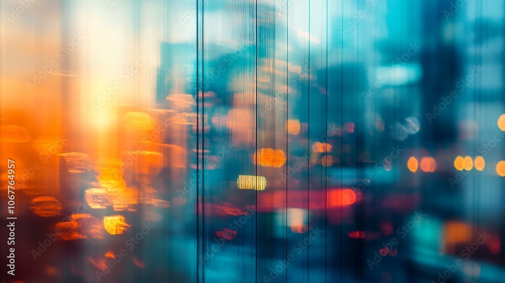 Fototapeta premium Abstract urban reflection: vibrant orange sunset merges with teal cityscape, creating dreamy bokeh effect on glass surface. Blurred lights evoke bustling metropolis energy.