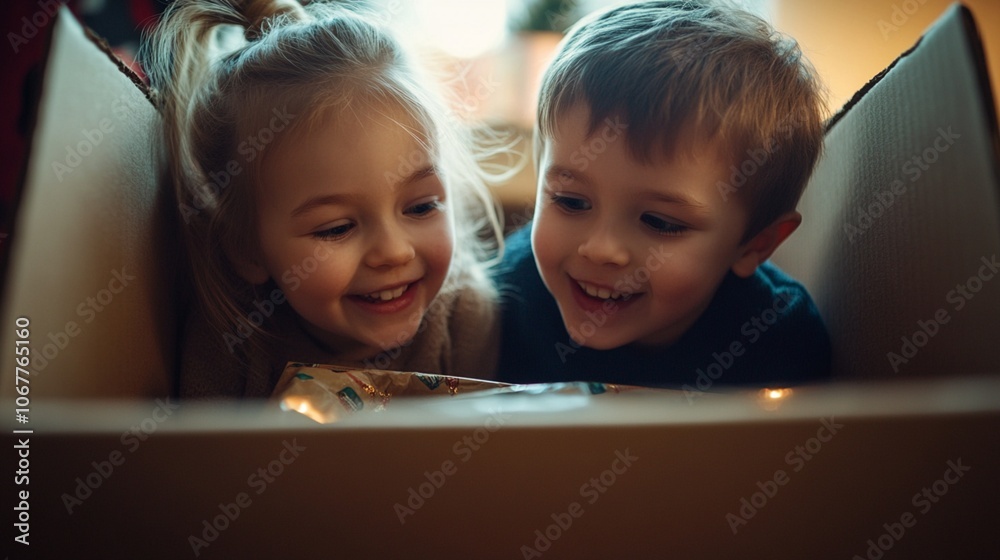 Two young children peek into a glowing box with excited expressions, their faces illuminated by a warm light, capturing a moment of wonder and discovery. Two young children peek into a glowing box with excited expressions, their faces illuminated by a warm light, capturing a moment of wonder and discovery.