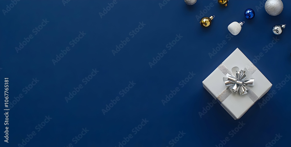 Holiday image background - A wrapped gift with decorative ornaments on a blue background. Holiday image background - A wrapped gift with decorative ornaments on a blue background.