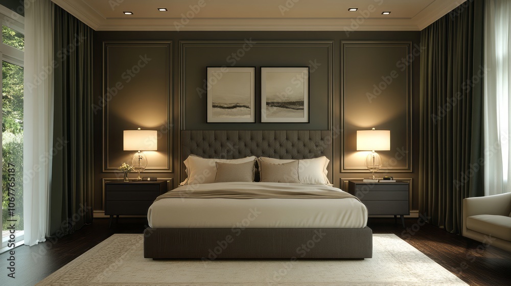 Modern Bedroom with a King-Sized Bed, Two Nightstands, and Two Lamps