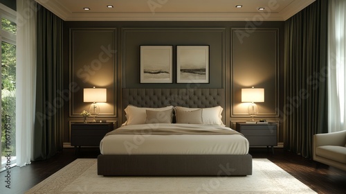 Modern Bedroom with a King-Sized Bed, Two Nightstands, and Two Lamps