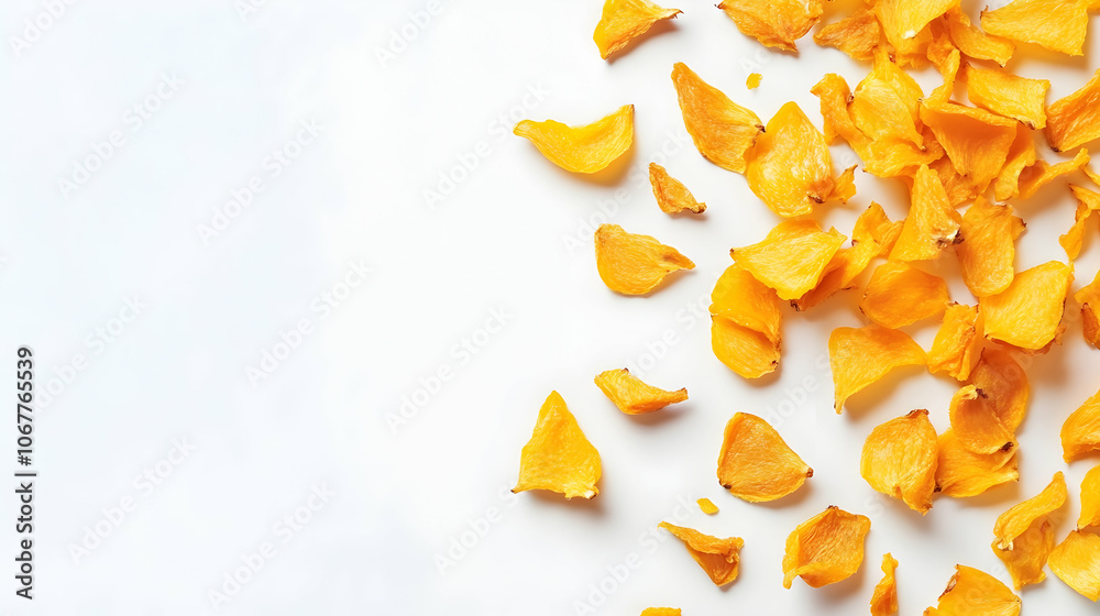 Chopped Dried Mango Slices Scattering Against a Clean White Background, Perfect for Healthy Snacks Chopped Dried Mango Slices Scattering Against a Clean White Background, Perfect for Healthy Snacks