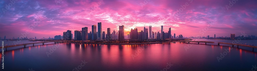 Fototapeta premium Watercolor bridge leading over a river toward a glowing 2025 city skyline, pastel sky