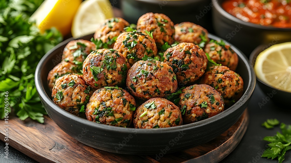 A bowl of crispy fried meatball appetizers with fresh parsley and lemon wedges on a wooden board. A bowl of crispy fried meatball appetizers with fresh parsley and lemon wedges on a wooden board.