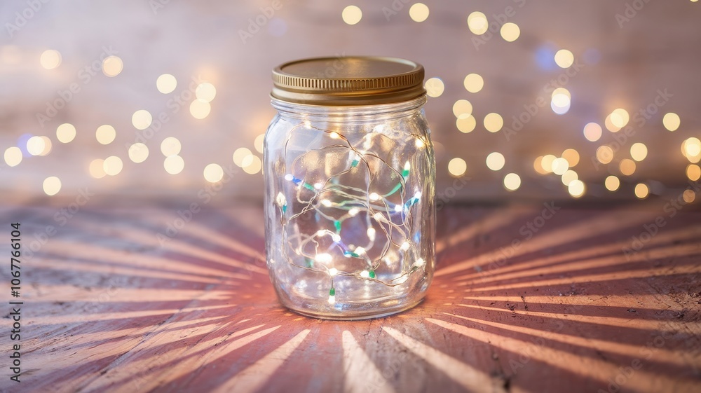 Glass jar with gold lid and LED lights, festive warm glow Glass jar with gold lid and LED lights, festive warm glow