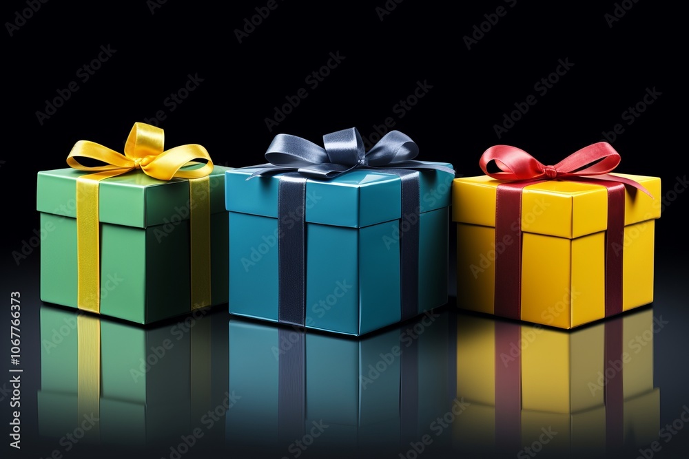 Obraz premium Three Colorful Gift Boxes, Wrapped With Shiny Ribbons, on a Black Background With Reflections