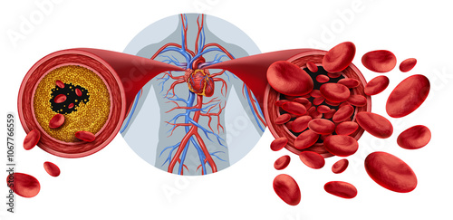 Tableau sur toile Atherosclerosis medical condition as Blocked Human Artery concept and restricted blood flow in arteries as a blood vessel disease with cholesterol fat buildup clogging or blocking circulation