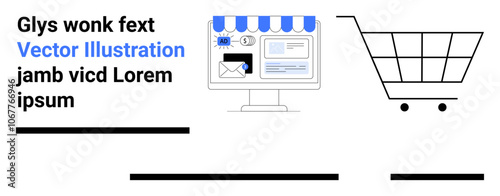 Computer screen with online shopping elements such as email, calendar, and shopping cart. Ideal for e-commerce, digital marketing, online retail, business websites, mobile apps, customer service