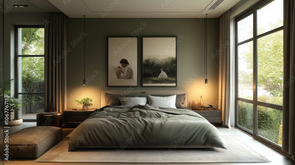Fototapeta premium Modern Bedroom Interior with a Green Color Palette and Natural Light