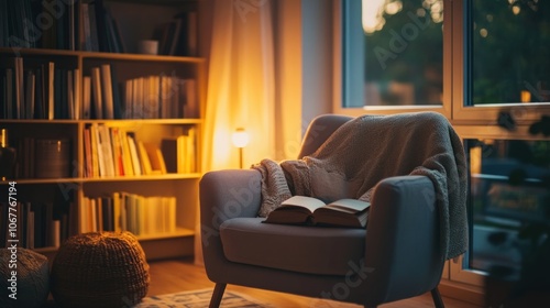 A cozy armchair with a book, blanket, and a lamp in a living room with a bookshelf filled with books.