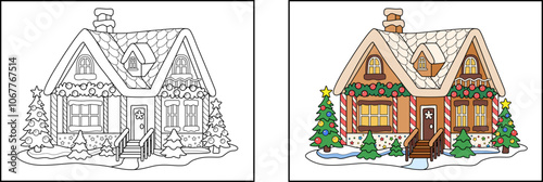 Christmas doodle coloring sweet gingerbread house on a snowy meadow with fir trees. Antistress coloring for adults and children. Black and white outline illustration. Hint for coloring.