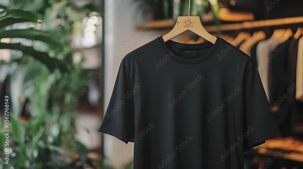 Stylish Black T-Shirt Mockup on a Wooden Hanger, Displaying Front and Back Views for Fashion Projects