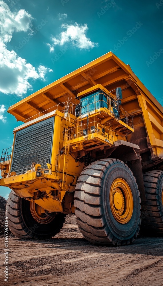 Yellow Mining Dump Truck, Heavy Machinery for Excavation and Transportation in Open Pit Mine Yellow Mining Dump Truck, Heavy Machinery for Excavation and Transportation in Open Pit Mine