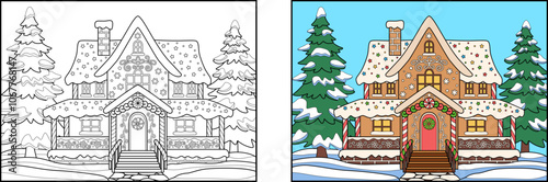 Christmas doodle coloring sweet gingerbread house on a snowy meadow with fir trees. Antistress coloring for adults and children. Black and white outline illustration. Hint for coloring.