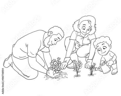 family together gardening coloring page vector illustration