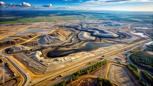 Aerial view of petroleum oil mining site in the Athabasca tar sands , aerial, petroleum, oil, mining, site photo