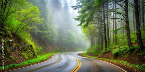 Curved mountain road in foggy forest on a rainy spring day , fog, rainy, forest, mountain photo