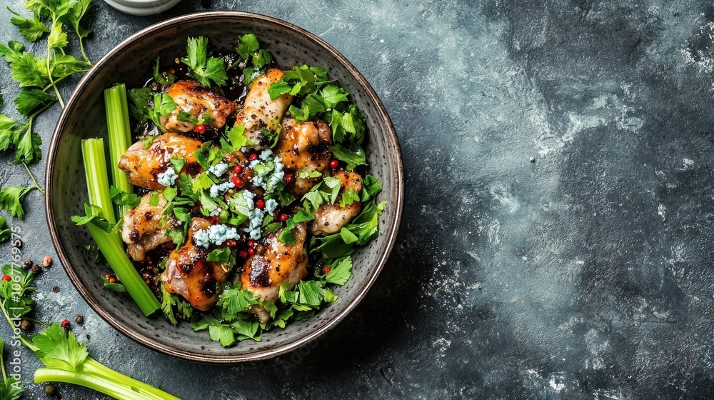 Closeup of a bowl of chicken wings with blue cheese, parsley, and celery sticks on a gray background. Closeup of a bowl of chicken wings with blue cheese, parsley, and celery sticks on a gray background.