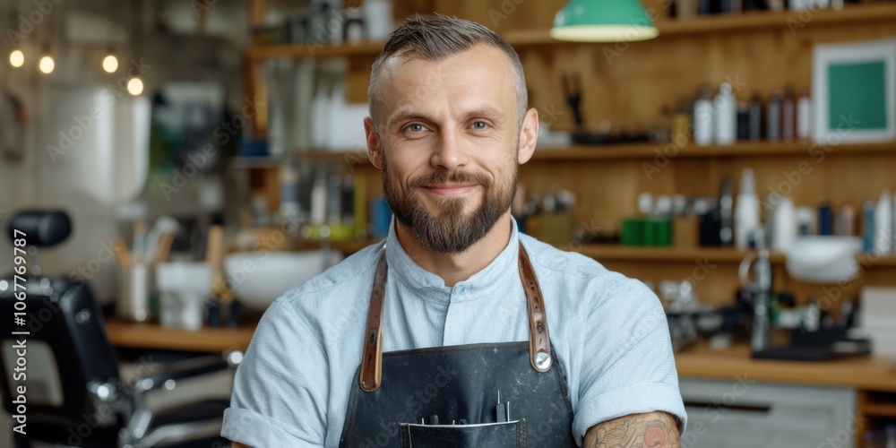 Obraz premium A smiling barber in an apron stands confidently in a well-lit barbershop filled with various grooming products and tools.