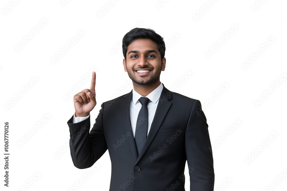 Photo of a smiling young Indian businessman with his index finger pointing upward to show something, isolated on transparent background Photo of a smiling young Indian businessman with his index finger pointing upward to show something, isolated on transparent background