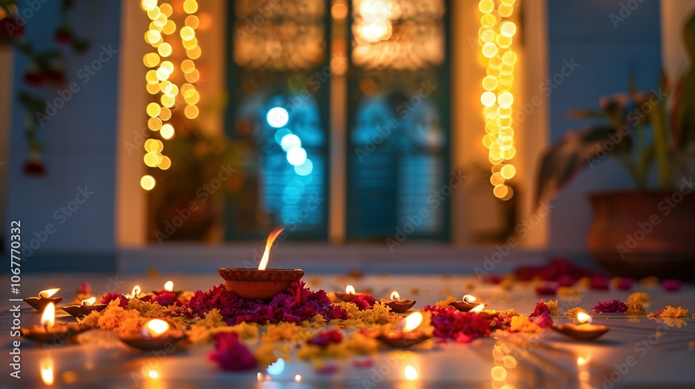 Lit Diyas and Flower Petals Arranged on a White Surface Lit Diyas and Flower Petals Arranged on a White Surface