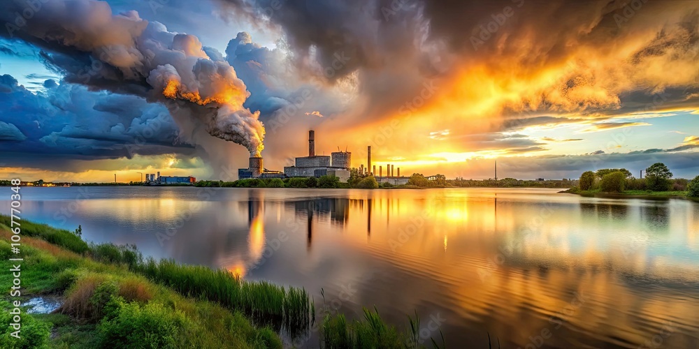Industrial landscape with a lake, stormy sky Industrial landscape with a lake, stormy sky
