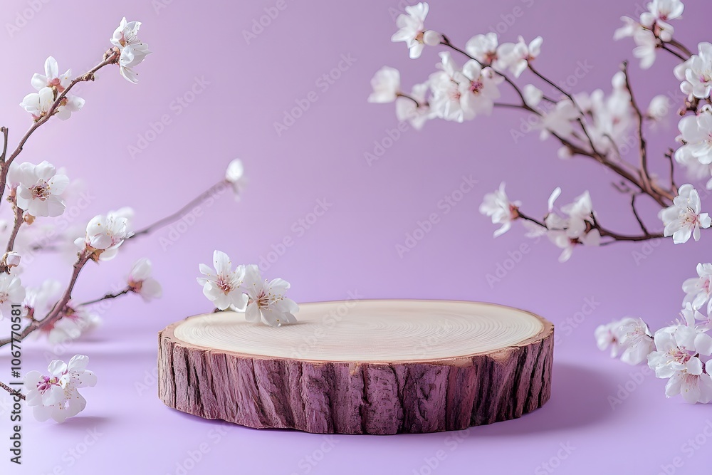 A wooden slice with cherry blossom branches on a purple background, ideal for display or photography. A wooden slice with cherry blossom branches on a purple background, ideal for display or photography.