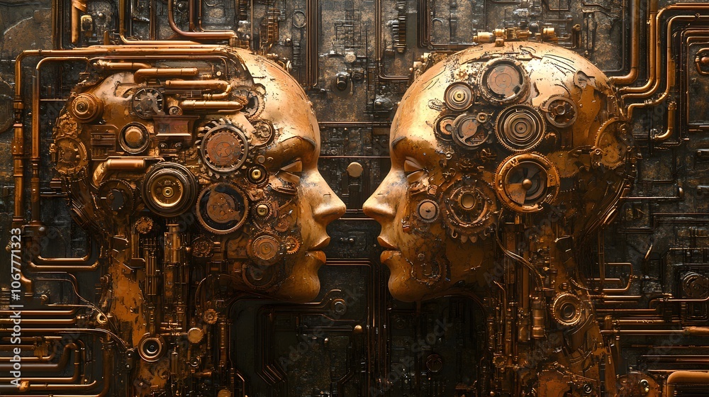 Steampunk-inspired human heads with exposed gears and rotating cogs, connected by copper wires and glowing tubes, Steampunk, Vintage, Brown and gold tones, Metallic textures Steampunk-inspired human heads with exposed gears and rotating cogs, connected by copper wires and glowing tubes, Steampunk, Vintage, Brown and gold tones, Metallic textures