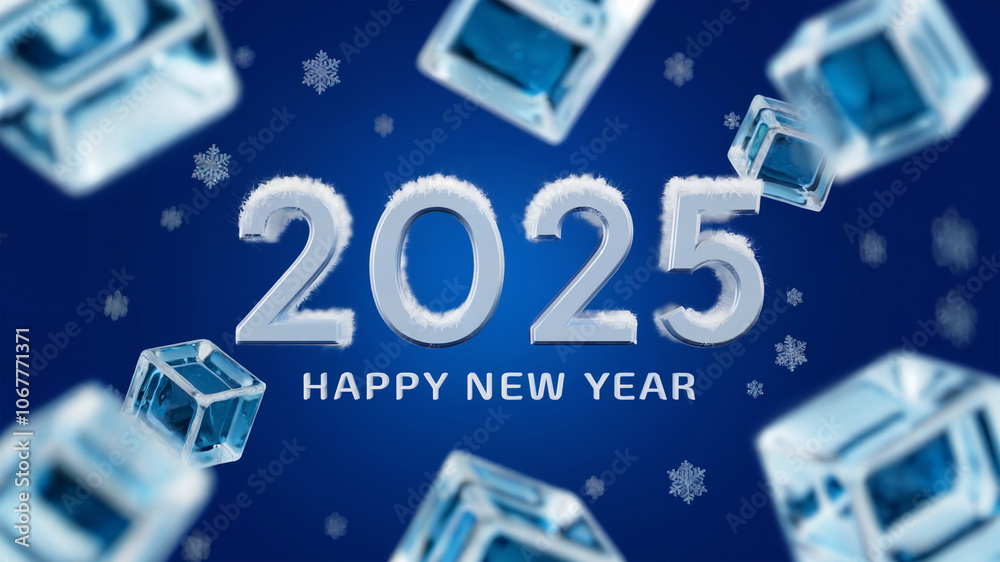 2025 with minimalistic happy new year text on royal blue background with snowflake and ice cubes 2025 with minimalistic happy new year text on royal blue background with snowflake and ice cubes