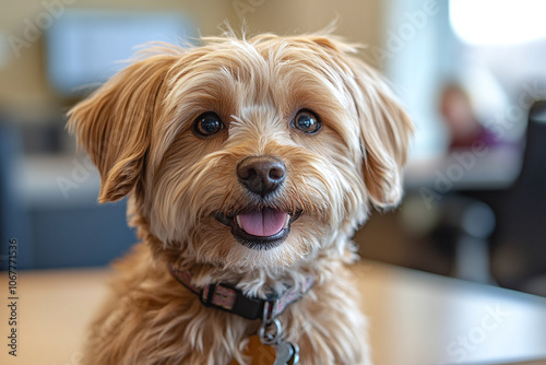 a therapy dog sitting in the office, providing emotional support.