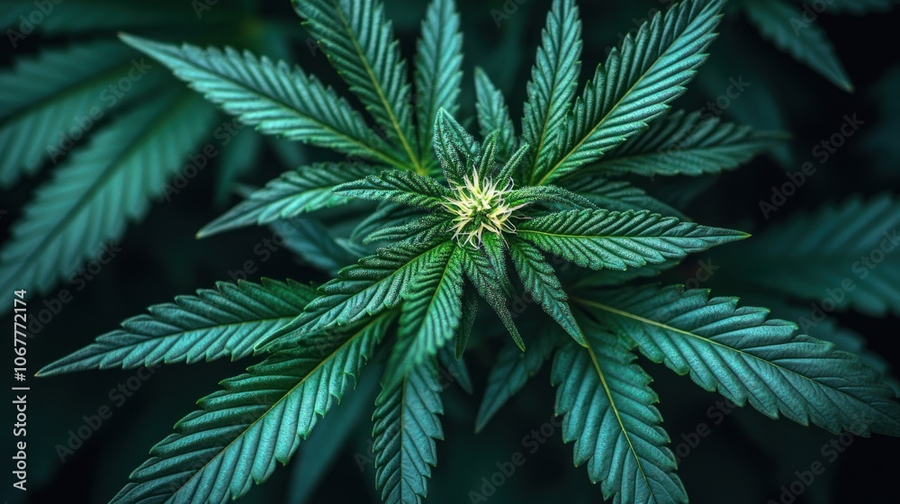 Close-up of a cannabis plant with a bud in the center. Close-up of a cannabis plant with a bud in the center.