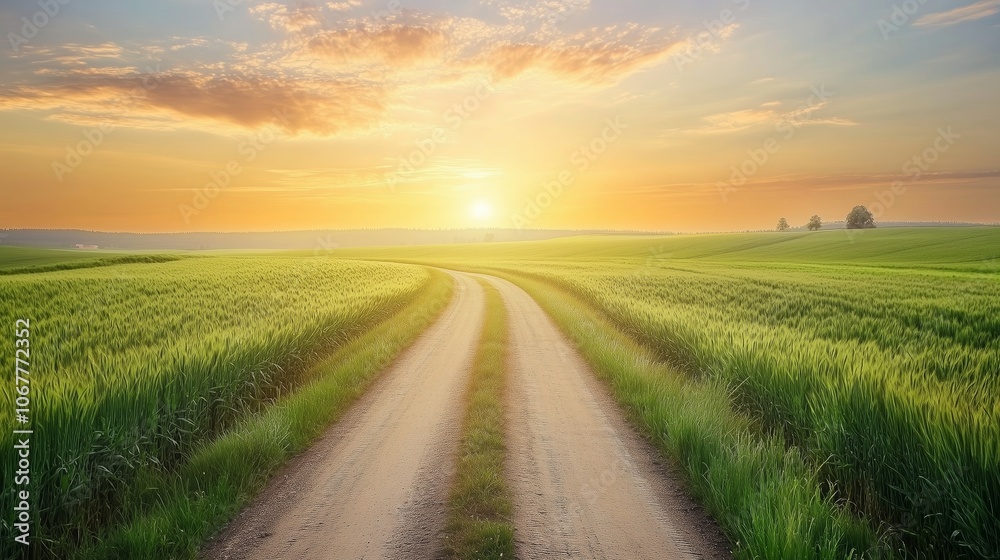 Fototapeta premium A tranquil dirt road through lush green fields at sunrise with soft clouds in the sky and warm light illuminating the landscape