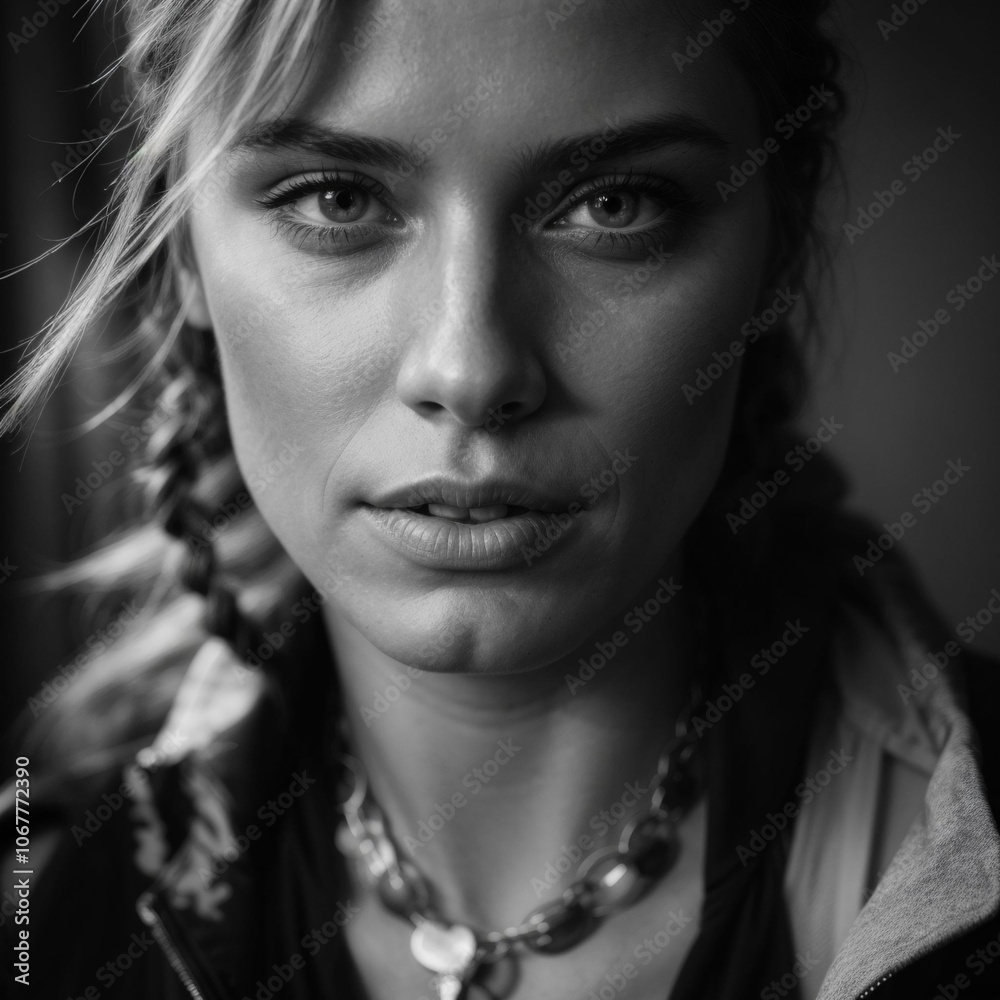 A black-and-white photograph captures a close-up of a woman with a contemplative expression. A black-and-white photograph captures a close-up of a woman with a contemplative expression.
