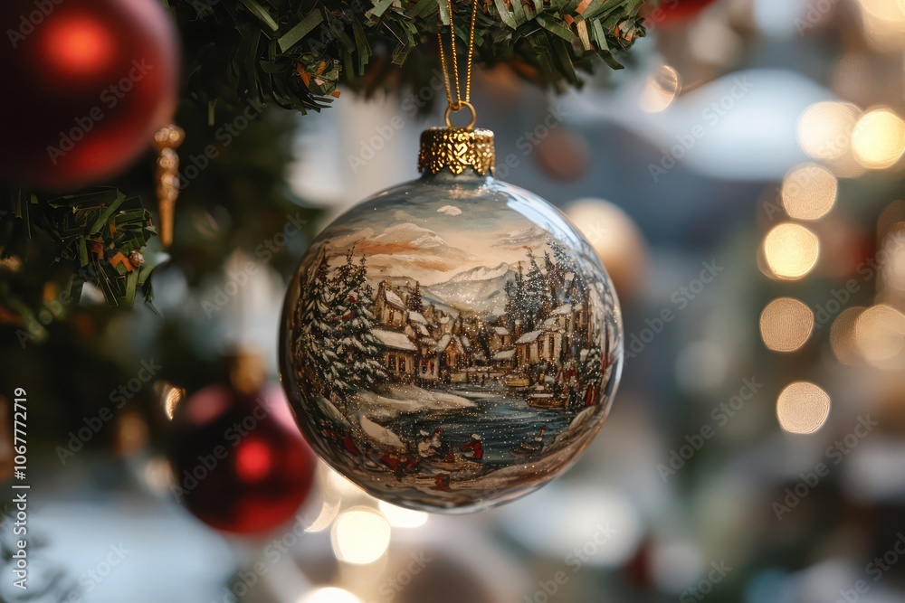 A close-up of a Christmas ball hanging from the tree, showcasing festive decoration. A close-up of a Christmas ball hanging from the tree, showcasing festive decoration.