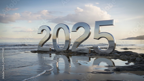 Wallpaper Mural A serene beach scene with the year '2025' inscribed in large, metallic numbers on the sand Torontodigital.ca