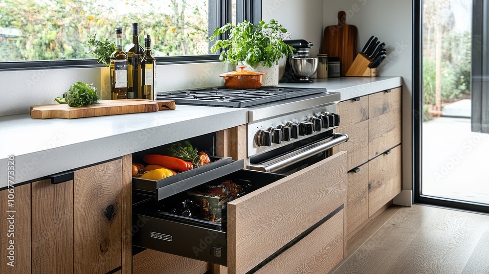 Fototapeta premium Open Kitchen Cabinet Drawer with Vegetables and Bottles