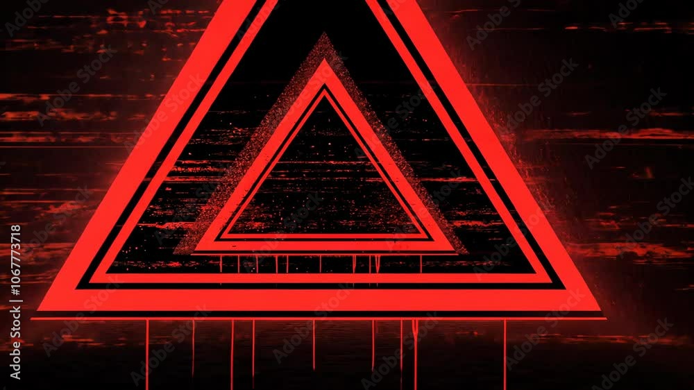 A red triangle with black outlines against a dark red background with a static effect