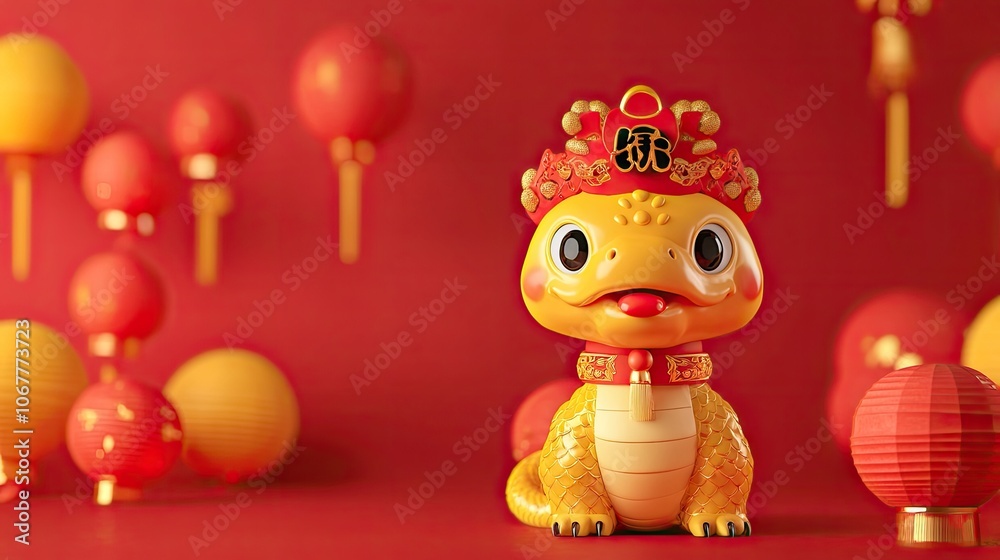 Festive Dragon Figurine with Lanterns in Red Background Festive Dragon Figurine with Lanterns in Red Background
