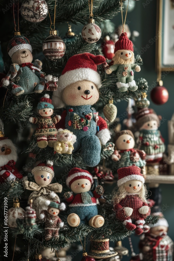A collection of charming Christmas toys displayed on a festive tree, capturing the essence of the holidays. A collection of charming Christmas toys displayed on a festive tree, capturing the essence of the holidays.