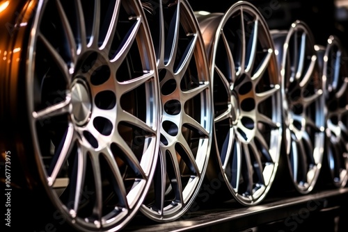 Close Up of Silver and Black Alloy Car Wheels Rims on a Shelf, Automotive Industry Concept.