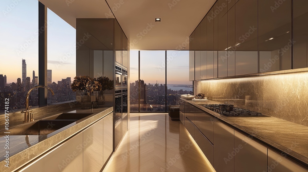 Modern Kitchen with City Skyline View at Sunset Modern Kitchen with City Skyline View at Sunset