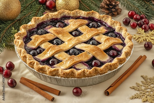 blueberry pie with a deckle finish and a lattice crust, placed on a tablecloth and surrounded by cinnamon sticks and cranberries in golden hues, with Christmas decorations  photo