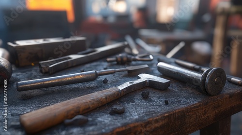 Rustic Tools on Workbench in Workshop Setting