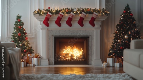 Glowing Christmas fireplace, stockings above the hearth, blank white area ready for holiday messages or marketing, festive and inviting design