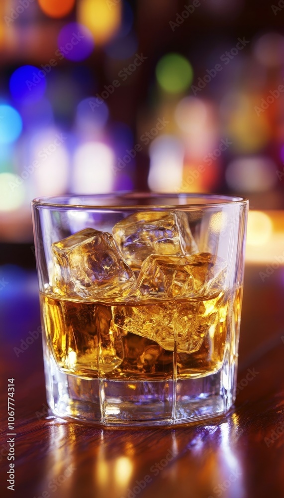 Golden Whiskey on the Rocks in a Classic Crystal Tumbler Against a Blurred, Vibrant Bar Background. Golden Whiskey on the Rocks in a Classic Crystal Tumbler Against a Blurred, Vibrant Bar Background.